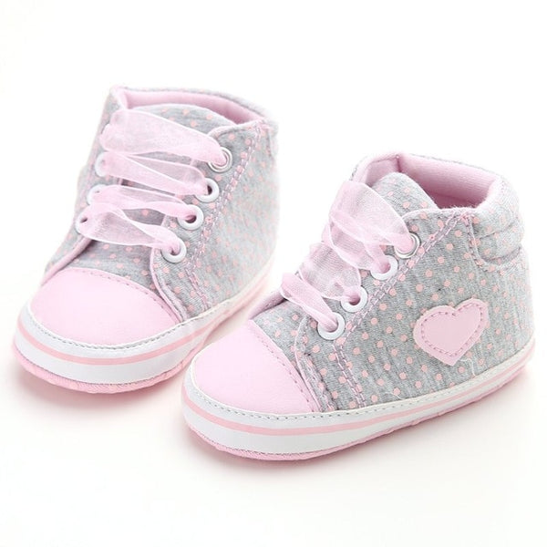 Infant Newborn Baby Girls Polka Dots Heart Autumn Lace-Up First Walkers Sneakers Shoes