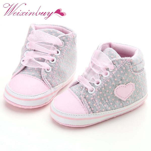 Infant Newborn Baby Girls Polka Dots Heart Autumn Lace-Up First Walkers Sneakers Shoes