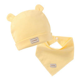 3 color eslatic headscarf double layer cotton baby caps&hats with baby bibs set pink yellow and sky blue