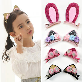 2pcs/Set Cute Hair Clips For Girls Glitter Rainbow Felt Fabric Flowers Hairpins Cat Ears Bunny Barrettes