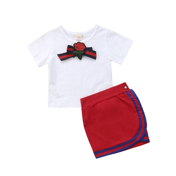 Pudcoco Girls Uniform  Clothes Sets Bow Flower Tie Tops T-shirt Short Mini Skirt
