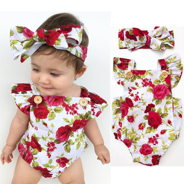 Cute Floral Romper 2pcs Baby Girls Clothes Jumpsuit Romper+Headband 0-24M Age Ifant Toddler